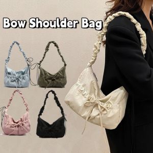 CHARMST ผ้าสีพื้น กระเป๋าจีบโบว์ ไนลอน สายรัด กระเป๋าสะพายไหล่แบบพับ หวาน ปรับได้ กระเป๋าถือผู้หญิง คุณผู้หญิง