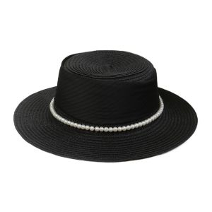 SUTONGXUE Pearl Chain Wide Brim Straw Hat UV Protection Straw Weaving Womens Fisherman Hat Fashion Comfortable To Wear Flat Sun Cap Beach