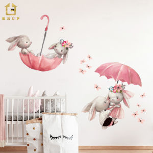 Watercolor Couple Bunny Flying with Umbrella Wall Stickers for Kids Room Baby Nursery Room Decoration Wall Decal Pink Girl Decor