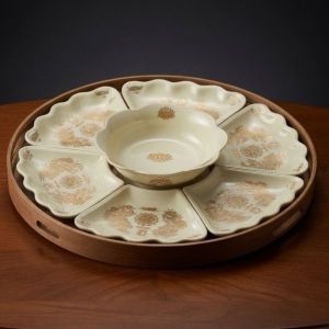 Bộ Bát Đĩa Hoa Mặt Trời Vẽ Rồng Vàng - Bộ Bát Đĩa Thắp Hương Cúng Gia Tiên Cao Cấp Hàng Vẽ Tay Bát Tràng