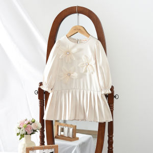 Gấu Lãnh Đạo màu be 3D chắp vá hoa viền xếp li Đầm công chúa mùa thu thời trang màu trơn dài tay Cô Gái Váy