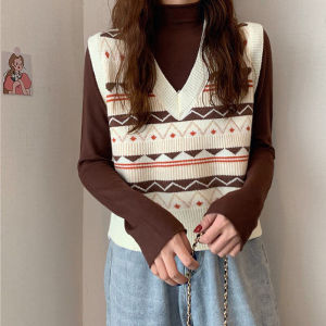 IELGY เพชรเสื้อแขนกุดผ้าถักใหม่เสื้อกันหนาวผู้หญิง V คอสไตล์มหาลัยความคมชัดสีเสื้อกั๊กแขนกุด Pullover