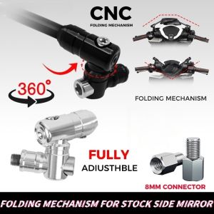 CNC Aluminum Motorcycle Side Mirror Folding Adapter 360 Degree Full Adjustment Anti Fall Universal Fit With 8mm Extension Bolt