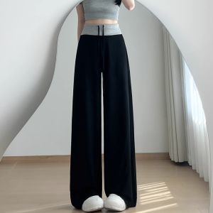 COD黑色拼接休闲运动裤女夏季2026新款高腰宽松垂感显瘦小个子阔腿裤2026新品