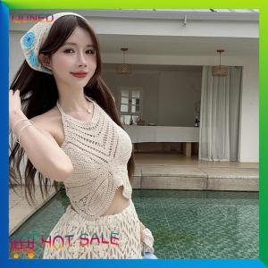 QUNED Summer Bohemia Hollow Embroidered Halterneck Backless Sleeveless Knitted Camisole For Women