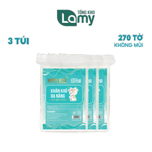 TỔNG KHO_Combo 03 túi khăn vải khô đa năng Happy Kids túi 270 tờ không chất tẩy an toàn cho em bé