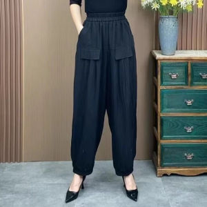 Plus Size Ice Silk Cotton Linen Casual Pants For Women New Fake Pocket Thin Design Middle-Aged Women Lantern Loose Haren Pant