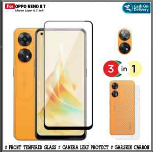Paket 3in1 Tempered Glass RENO 8 T 5G 2023 NEW Tempered Glass Kaca Full Layar Free Anti Gores Camera Dan Garskin Carbon Anti Jamur Pengiriman Cepat Promo Di AlvaCaseAcc