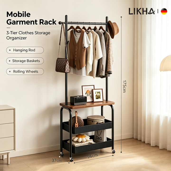 LIKHA Rolling Clothes Rack Multi-Layer Storage Coat Hanger Stand with ...