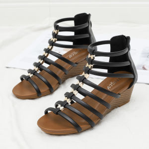 36-42 Formal Shining Wedge Heels Womens Sandals 5cm Rubber Sole Gorgeous Sequins Wedges Shoes Ladies Mid High Block Platforms Leather Material Office Wear On Sale