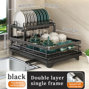Dish Rack with Drainer Cutlery Storage Holder Carbon Steel Sink Dish Drying Racks Adjustable Kitchen Plates Organizer with Drainboard Over Sink Countertop