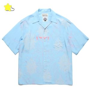 Green Blue Top Quality Silk Polyester Short Sleeve Shirt Men Women Summer Hawaiian Tee Classic Logo Embroidery Wacko Maria Shirt