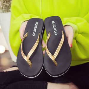 [Free Shipping] Beach Shoes Seaside Flip-Flops Shiny Rhinestone Slippers For Women Summer Fashion Thick-Soled Wedge Heel Sandals With Rhinestones
