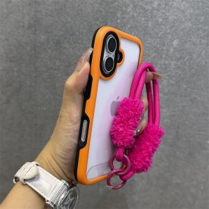 3 in 1 Hybrid Armor Case for iPhone 13 12 11 14 15 16 Pro Max 16 Plus Transparent Contrast Color Lanyard Wrist Strap Phone Cover