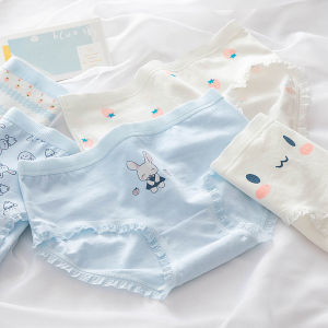 Justtoi.5 Piece of Pure Cotton Underwear Womens Mid-waist Plus Size Panties Junior High School Cute Cartoon Breathable Cotton Crotch Girl Briefs