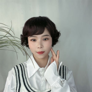 Middle-aged and elderly wig headgear mother style oblique bangs short curly hair simulated hair high temperature silk short hair womens wig