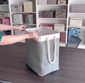 Foldable Laundry Basket Cotton Linen Laundry Hamper Clothes Toy Home Storage Basket Tube Support
