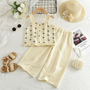 Bear Leader 3 To 7 Years Imitation Denim Fabric Ruffle Girls Suit Summer New Bow Print Sleeveless Tops and Pants 2 Pieces Set Korean Version Kids Fashion Clothes