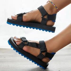 [Free Shipping] WomenS New Summer Collection: Plus-Size Versatile Casual Thick-Soled Color-Blocked And Ethnic-Style Beach Sandals With Velcro Straps