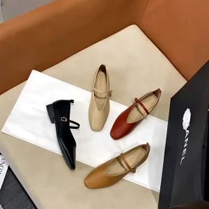 [Free Shipping] WomenS Shallow-Cut Single Shoes New Spring-Summer Vintage Style Buckle Low-Heeled Shoes Artistic Square-Toed Soft Leather Shoes