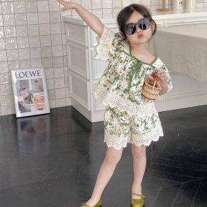 ชุดคุณภาพสูงลายหมีขาสั้น2ชิ้นเสื้อลูกไม้กางเกงขาสั้นลายดอกไม้เสื้อลายลูกไม้ดอกไม้