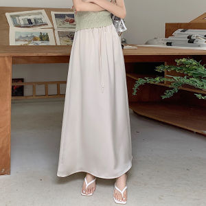 Elastic High Waist Knee-length Skirt for Womens Satin Mid-length A-line Skirt Korean Style New Fashion All-match Lace-up Short Skirt