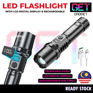 GetGadget⚙ ST-35 Flashlight LED Multi-Functional Outdoor Strong Light LED Long-range With LCD Numerical Power Display Telescopic Zoom Flashlight Plastic USB Rechargeable Flashlight