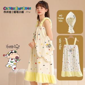 Set 3 Món Váy Tắm Quấn Người Nữ Shinchan| Mũ Ủ Tóc| Khăn Tắm Dây Vai Chống Tuột Phong Cách Dễ Thương