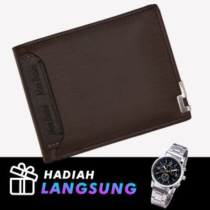 Dompet Lipat Pria Kulit Coklat Sederhana Mini Murah dengan Hadiah Langsung Jam Tangan