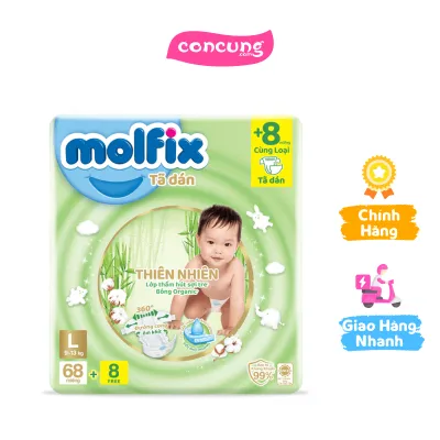 Bỉm tã dán Molfix thiên nhiên (L 9-13kg 68 miếng) + 8 miếng