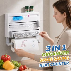 Kitchen Wrap Dispenser Holder Wall Mount Aluminum Foil Cling Film Paper Towel Rack Cutter Space Saver Organizer