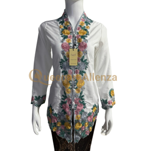 Kebaya Encim Modern Kombinasi Bunga Warna Putih Lengan Panjang