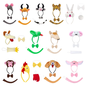 Mouse/Pig/Cow/Monkey/Sheep/Tygers/Dog Costume Set Ears Headband Tail Bows Kid Halloween Christmas Animal Cosplay Props