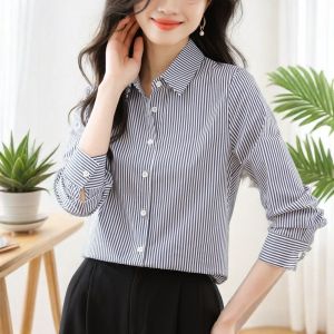 TTQQ Vertical Striped Shirt Womens Long Sleeve polo Neck Joker Top
