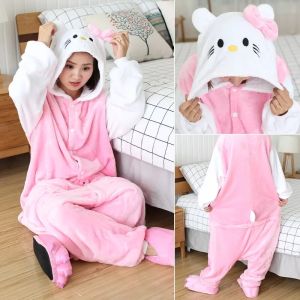 Cartoon Hello Kitty Cat Cosplay Sleepwear Adult Children Kigurumi Onesie Pajama Flannel Winter Hooded Pajamas Home Clothing Jumpsuit