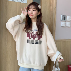 Sweater Wanita Kemeja Lengan Panjang Setengah Tinggi Kerah Longgar Cetak Kartun Pakaian Kebesaran Tebal Hangat Top
