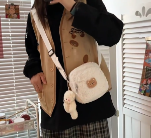 Cute Plush Crossbody Purse Bear Pendant Small Satchel Shoulder Bag Messenger Bag Handbag Purse for Women Girls