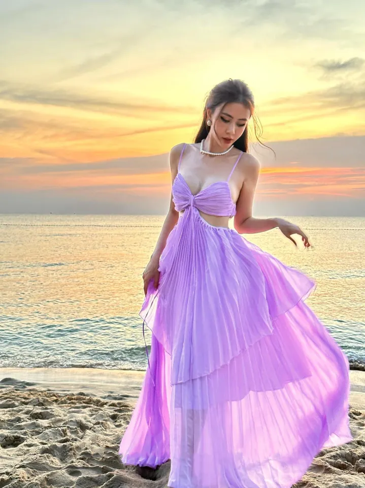 Váy đi biển cổ V bèo, đầm suông dáng dài siêu xinh đẹp - MixASale