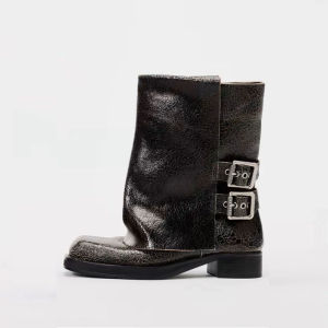 Phiên Bản Da Cừu ~ Giày bốt thời trang da thật màu xà cừ giày bốt ngắn 2024 Giày bốt ống ngắn có khóa thắt lưng mũi vuông mới cho phụ nữ