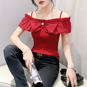 Yimei Áo thun nữ có nơ cổ một hàng áo áo nhỏ thanh lịch cotton áo đỏ ngắn tay mùa hè mới 2024 hở vai