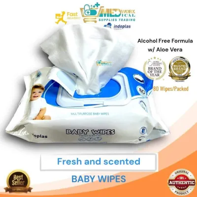 Indoplas Alcohol Free Fresh Scented Baby Wipes Fresh Scented with Aloe Vera FDA Approved | 80 sheets per pack | 1-2 pack