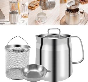 Eazy Oil Drain Cooking Kettle 304 Stainless Steel Oil Strainer Pot 2 in 1 OilStrainer Pot 68oz Bacon Grease Saver with Strainer & Deep Fryer Basket for Kitchen (Silver 1.5L)