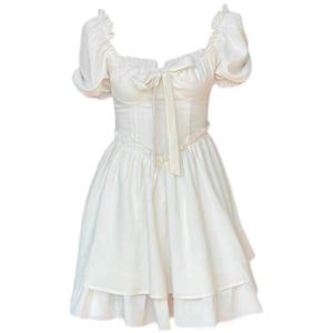🦋 VEVE Women Small Dress Square Neck Puff Sleeve Sweet Bow Tie Dress formal white dresses for graduation