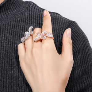 SEQUITO Rose Gold Plated Mirco Pave AAA Cubic Zirconia Flower Leaf Adjustable Open Ring for Banquet Women Jewelry SR042