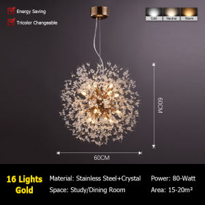 LANTU 60cm Gold LED Dandelion Pendant Light Tricolor Decor Hanging Lamp Crystal Chandelier for Dining Room Kitchen Island Hotel Restaurant Coffee Shop Chandelier