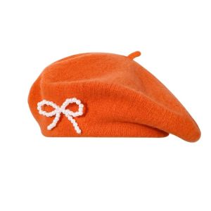 XINQUJIANG Pearl Bow Beret Solid Color Knitted Wool Beret Artist Hat Korean Style Beanie Cap Women