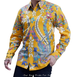 Kemeja Batik Pria Lapis Furing Lengan Panjang Motif Kembang Kuning Bahan Katan Halus Premium