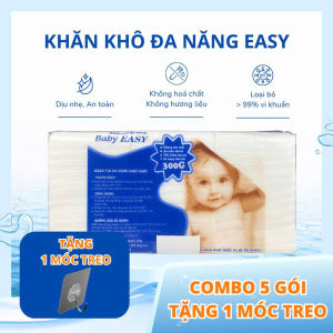 5 gói Khăn khô đa năng 300 tờ + 1 móc treo vải trơn mềm mại sạch sẽ -An toàn tuyệt đối cho trẻ sơ sinh.