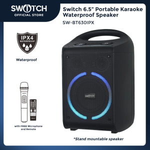 Switch 6.5" Portable Splash Proof/Waterproof Bluetooth Karaoke Speaker with LED Lights Rechargeable Battery FM/AM USB & TF Card Input with FREE Wireless Microphone SW-BT630IPX