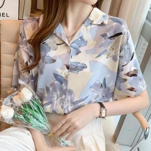 Printed Short Sleeve Blouse For Women Floral Retro trendy Chiffon Shirts Loose Casual Tops